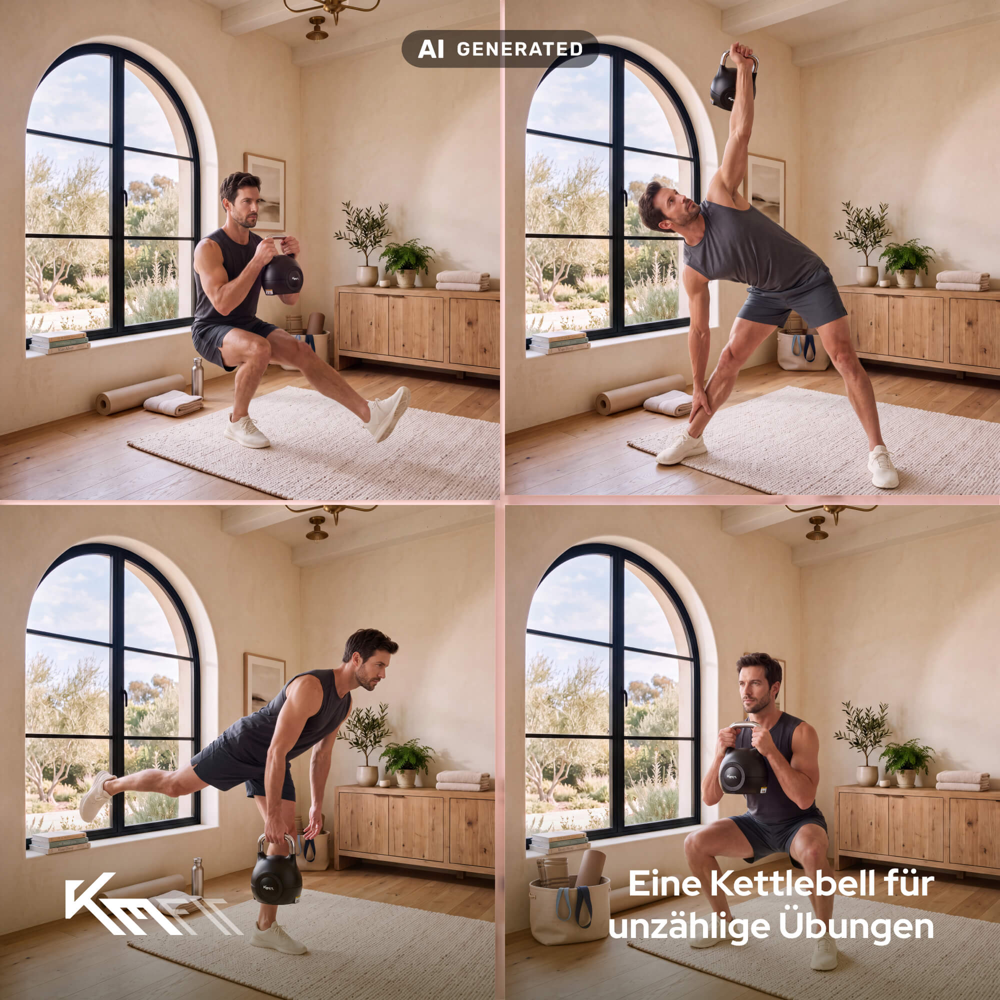 Ein Mann macht verschiedene Übungen mit einer Kettlebell in einem hellen Raum.