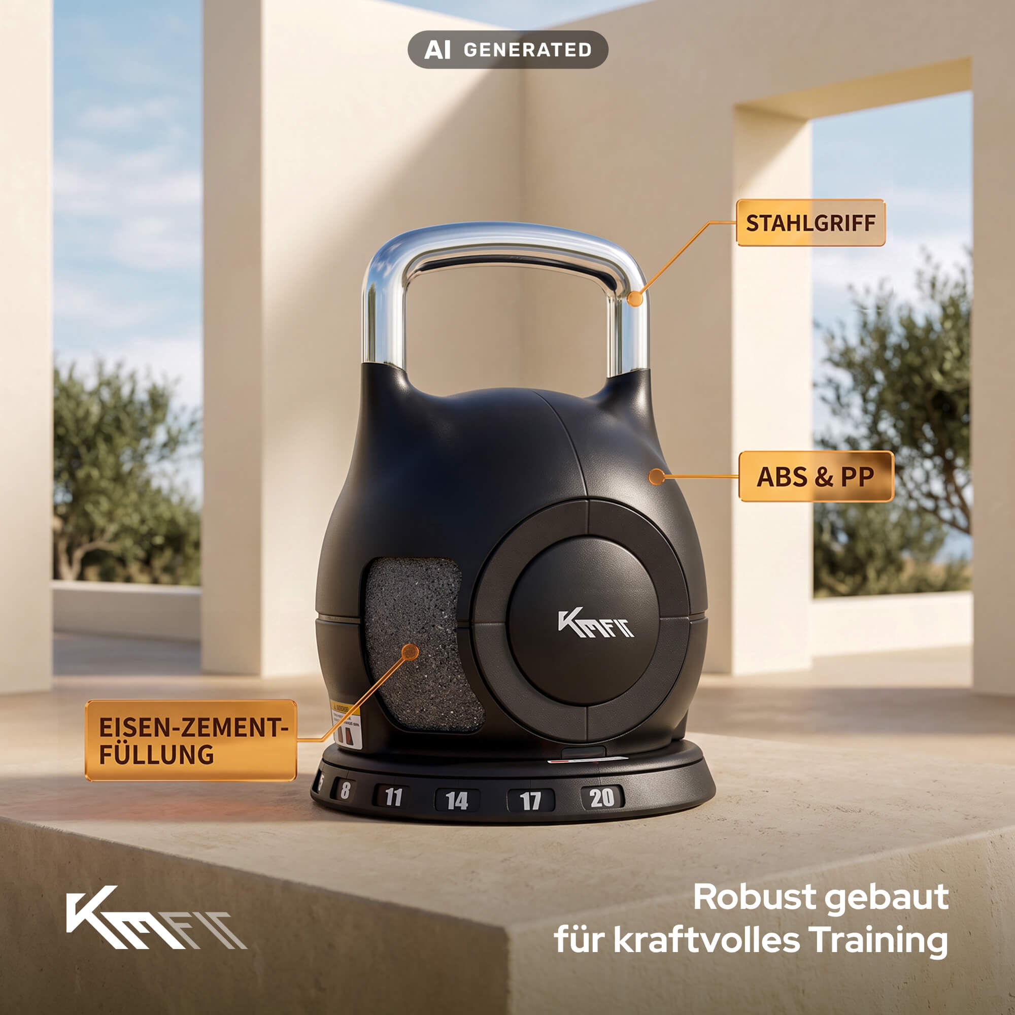 Schwarze verstellbare Kettlebell mit Stahlgriff und Eisen-Zement-Füllung.