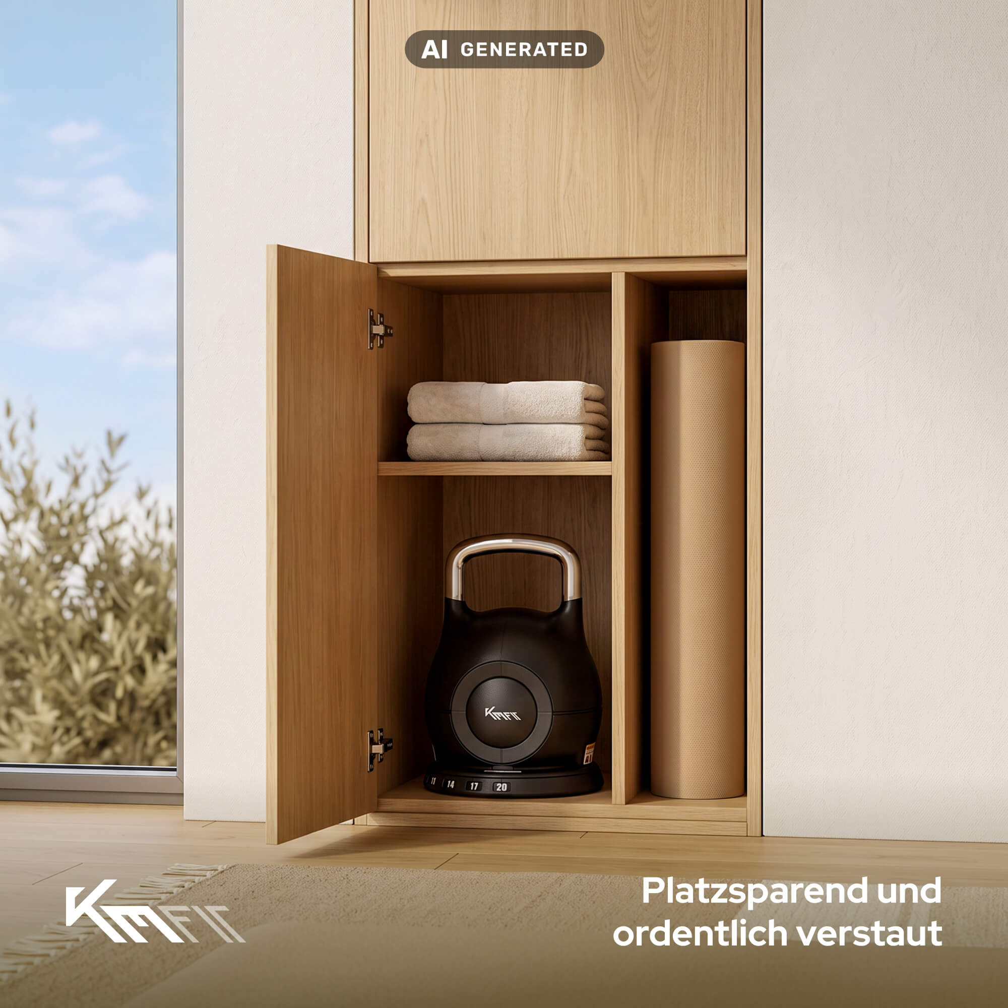Ein offener Holzdurchbruchschrank mit Handtüchern, einer Kettlebell und einer Yogamatte.