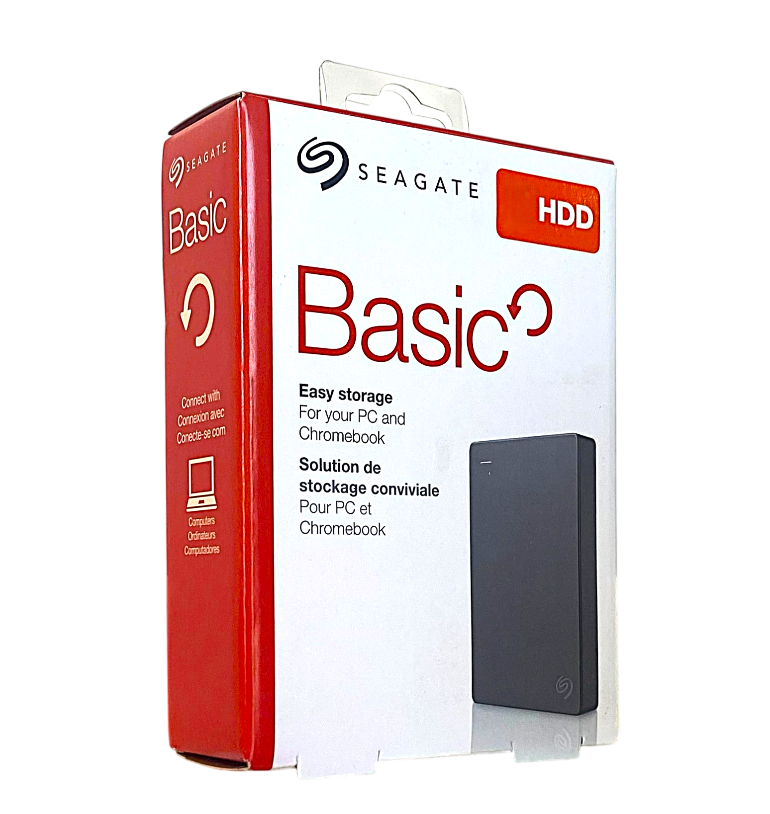 Verpackung der Seagate Basic HDD externen Festplatte in Weiß und Rot mit abgebildetem Gerät.