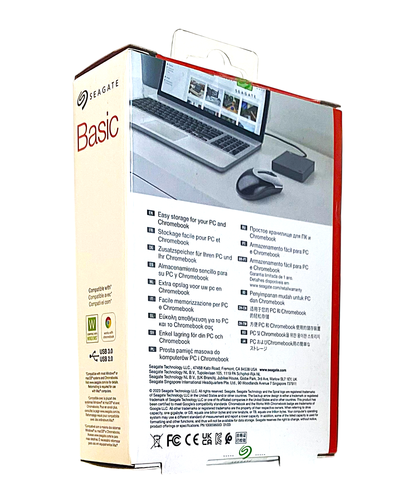 Seagate Basic Festplattenverpackung mit Abbildung eines Laptops, einer Maus und multilinguistischer Produktbeschreibung.