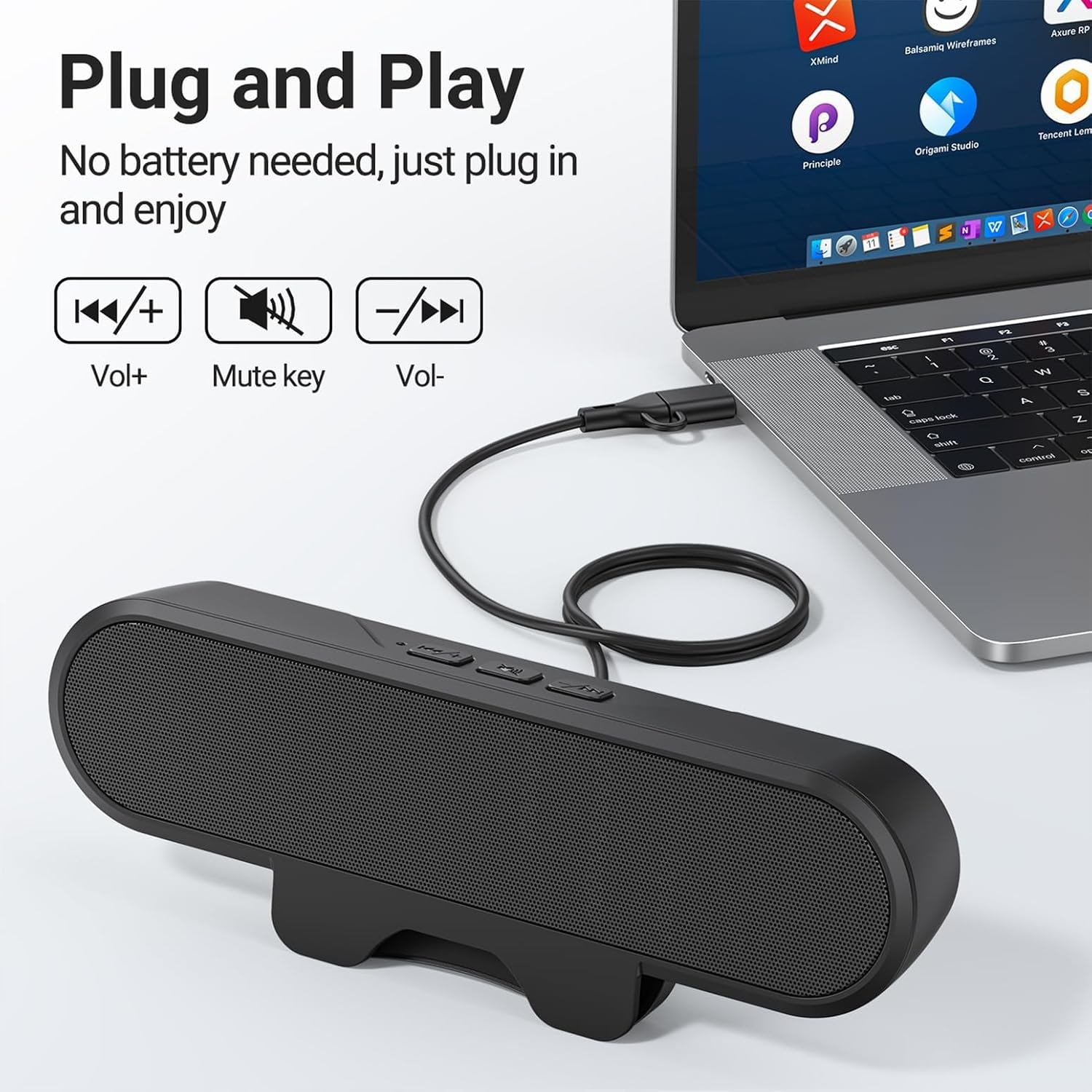 Un altavoz USB negro está conectado a un portátil, con texto sobre conectar y usar cerca.