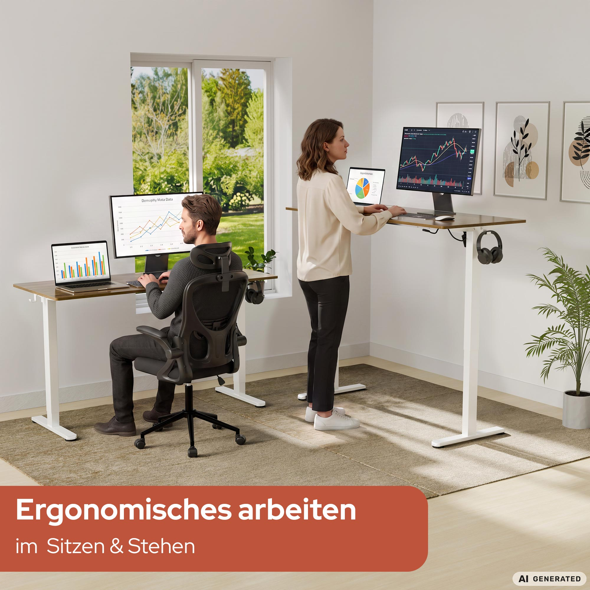 Ein Mann sitzt an einem höhenverstellbaren Tisch, während eine Frau an einem anderen steht und arbeitet.