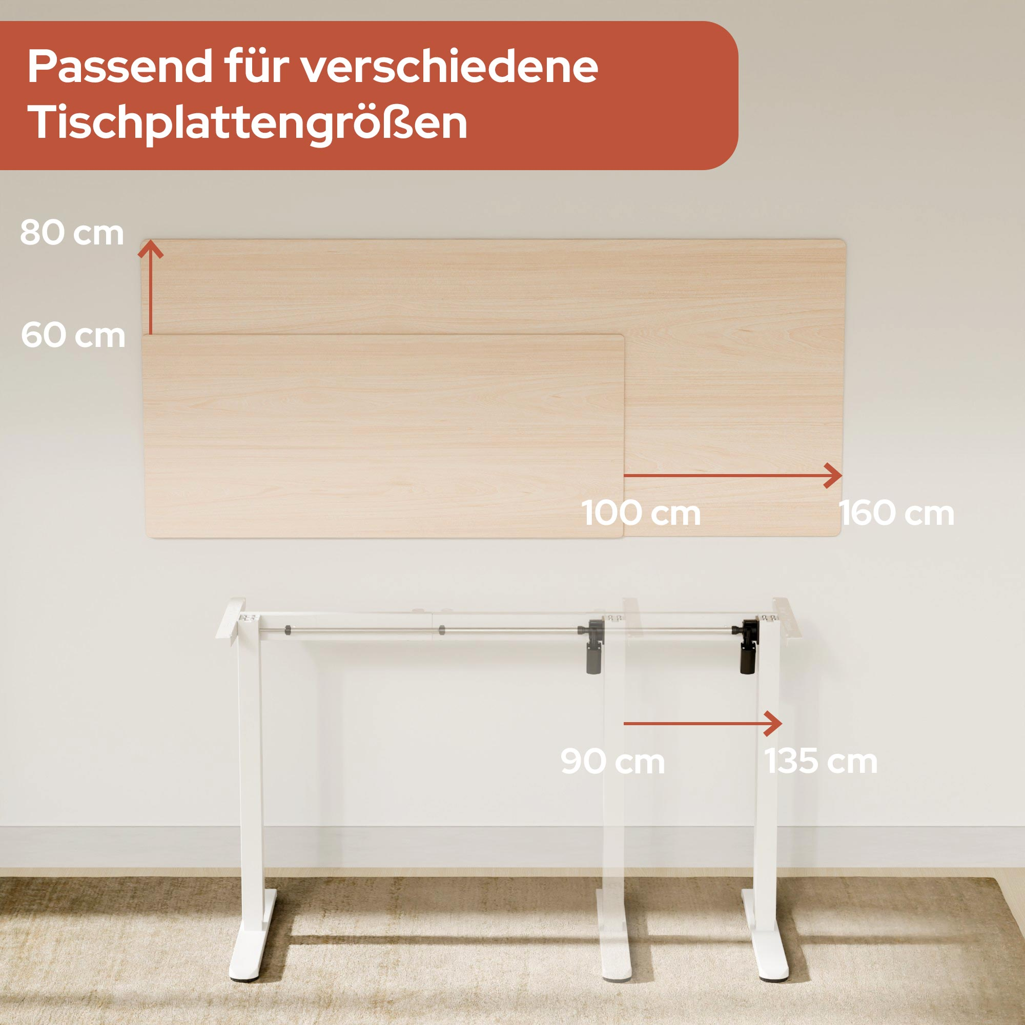 Diagramm zeigt verschiedene Tischplattengrößen und verstellbare Rahmenmaße.