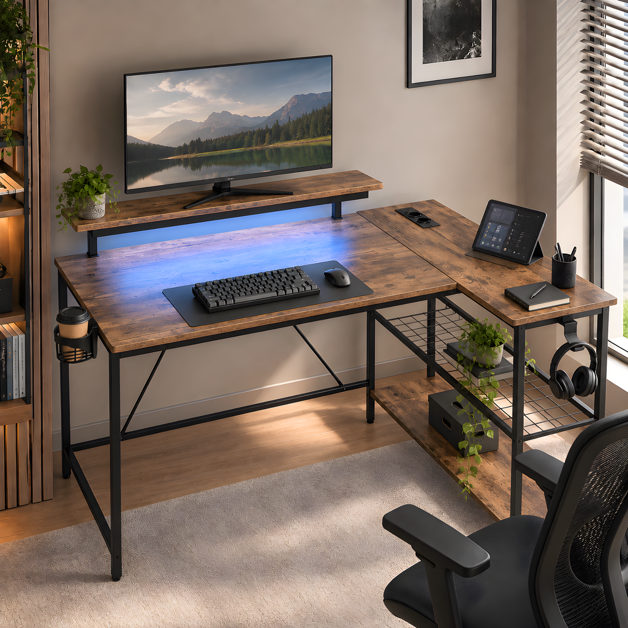 Moderno scrivania ad angolo in legno con struttura nera, monitor, tastiera e luce LED blu.