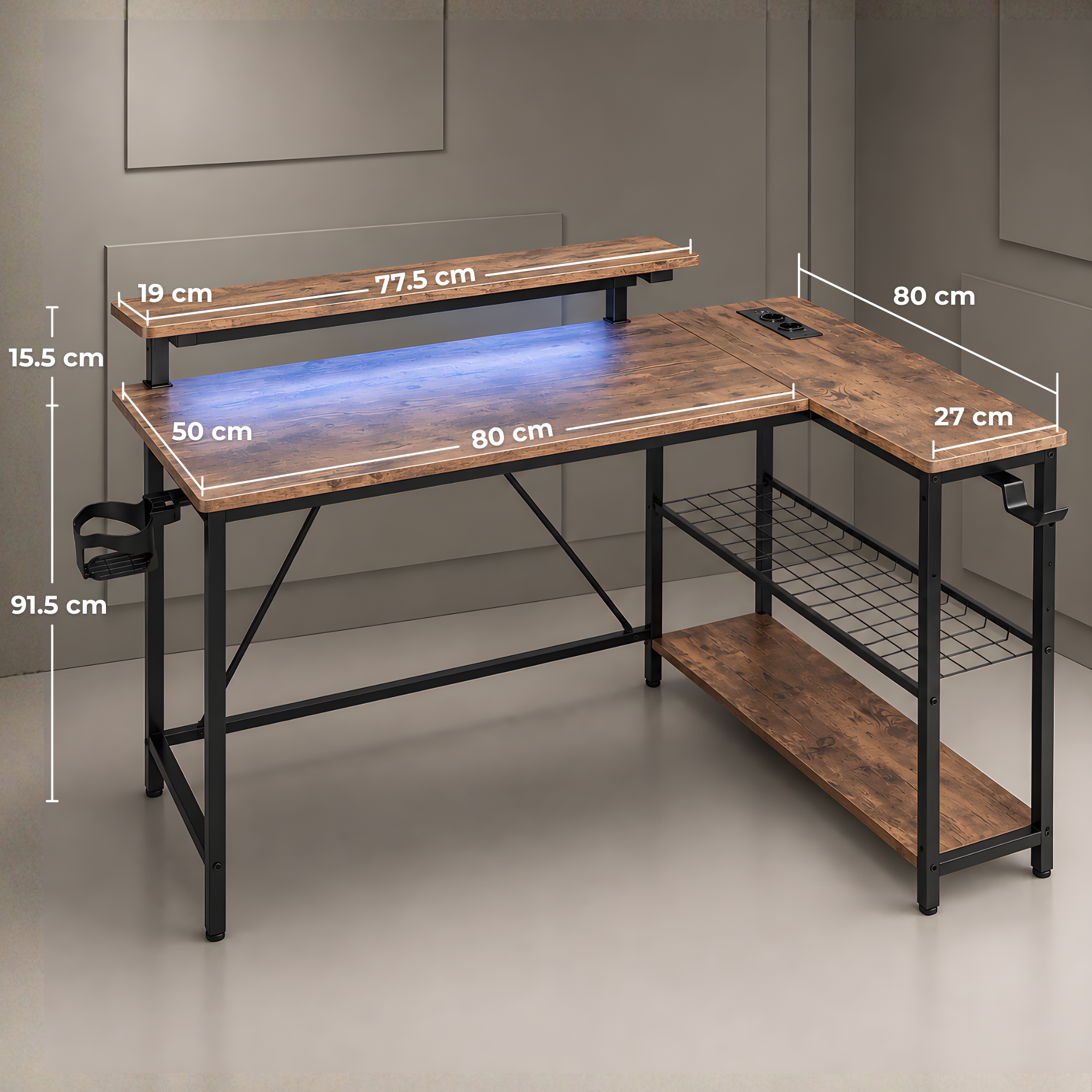 Scrivania in legno marrone a L con struttura in metallo nero, ripiani e dimensioni.