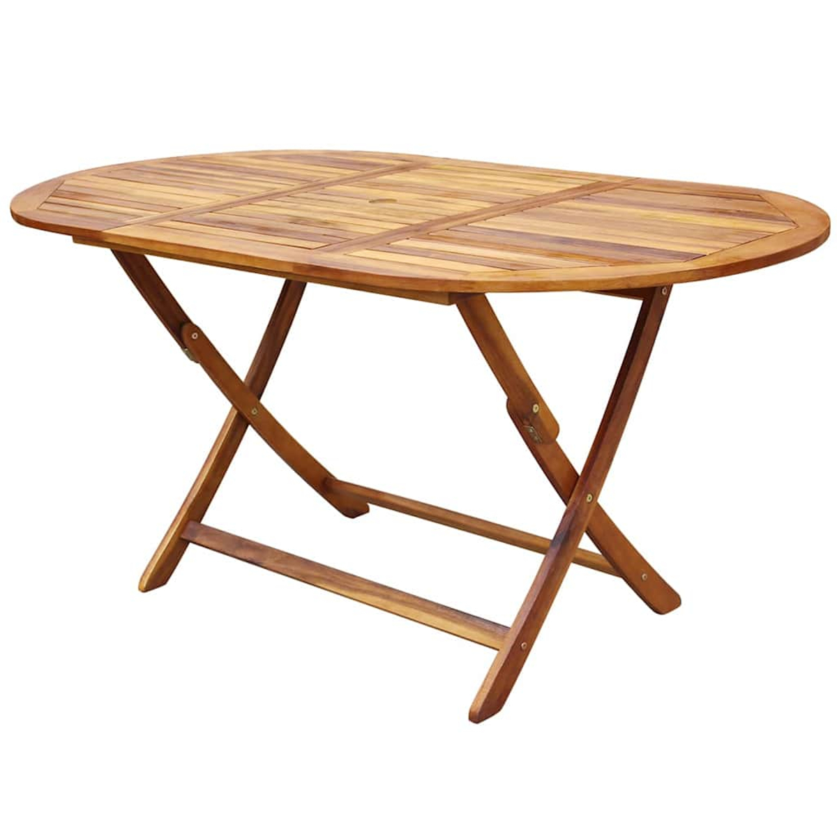 Ein ovaler, zusammenklappbarer Holztisch mit Holzlatten auf einer weißen Hintergrundfläche.