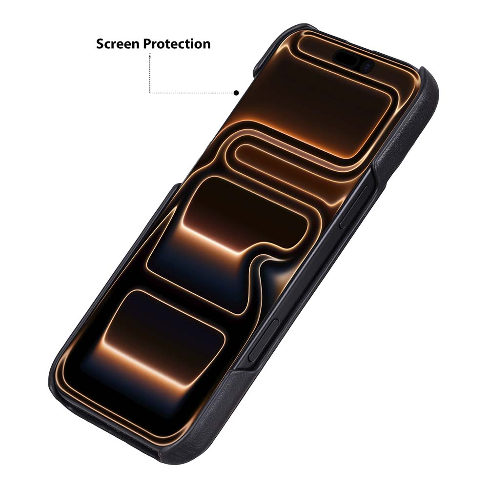 Bronz ışık yansımaları ve Screen Protection yazısı gösteren yansıtıcı ekran koruyuculu siyah kılıflı bir akıllı telefon.