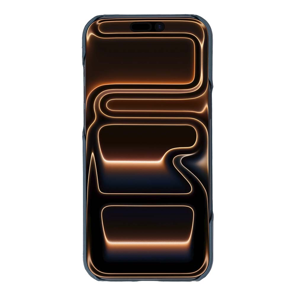 Mavi kılıf içindeki akıllı telefonun ekranında dalgalı, parlayan bronz çizgi desenleri görünüyor.