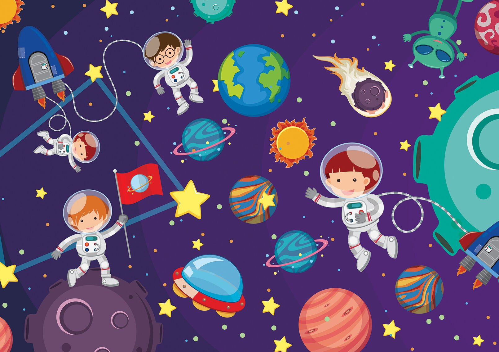 Uzayda astronotlar, gezegenler ve yıldızların çizimi.