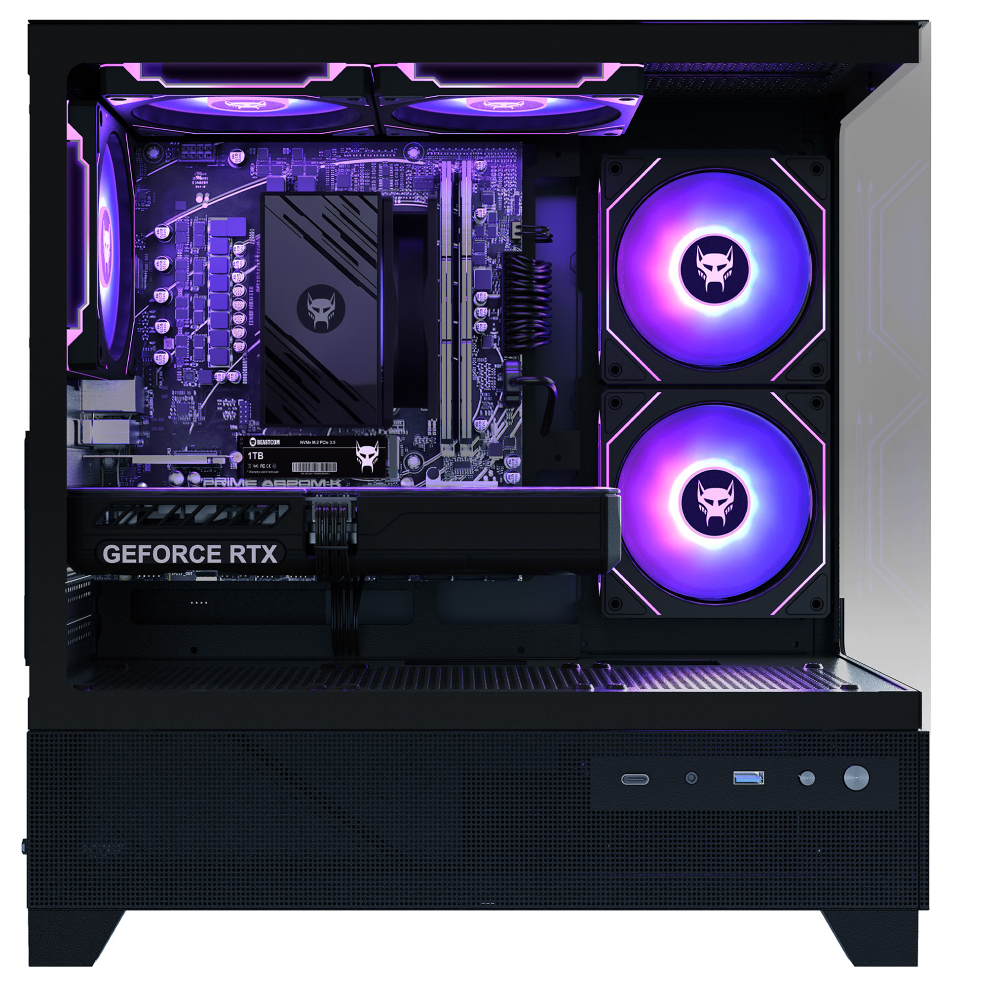 Interno di un case per PC con ventole illuminate, scheda grafica e scheda madre.