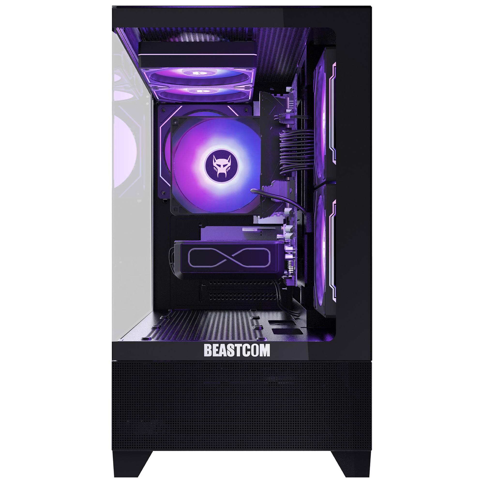 Tower PC da gaming Beastcom nero con ventole illuminate in viola e blu, pannello laterale in vetro e scheda grafica.