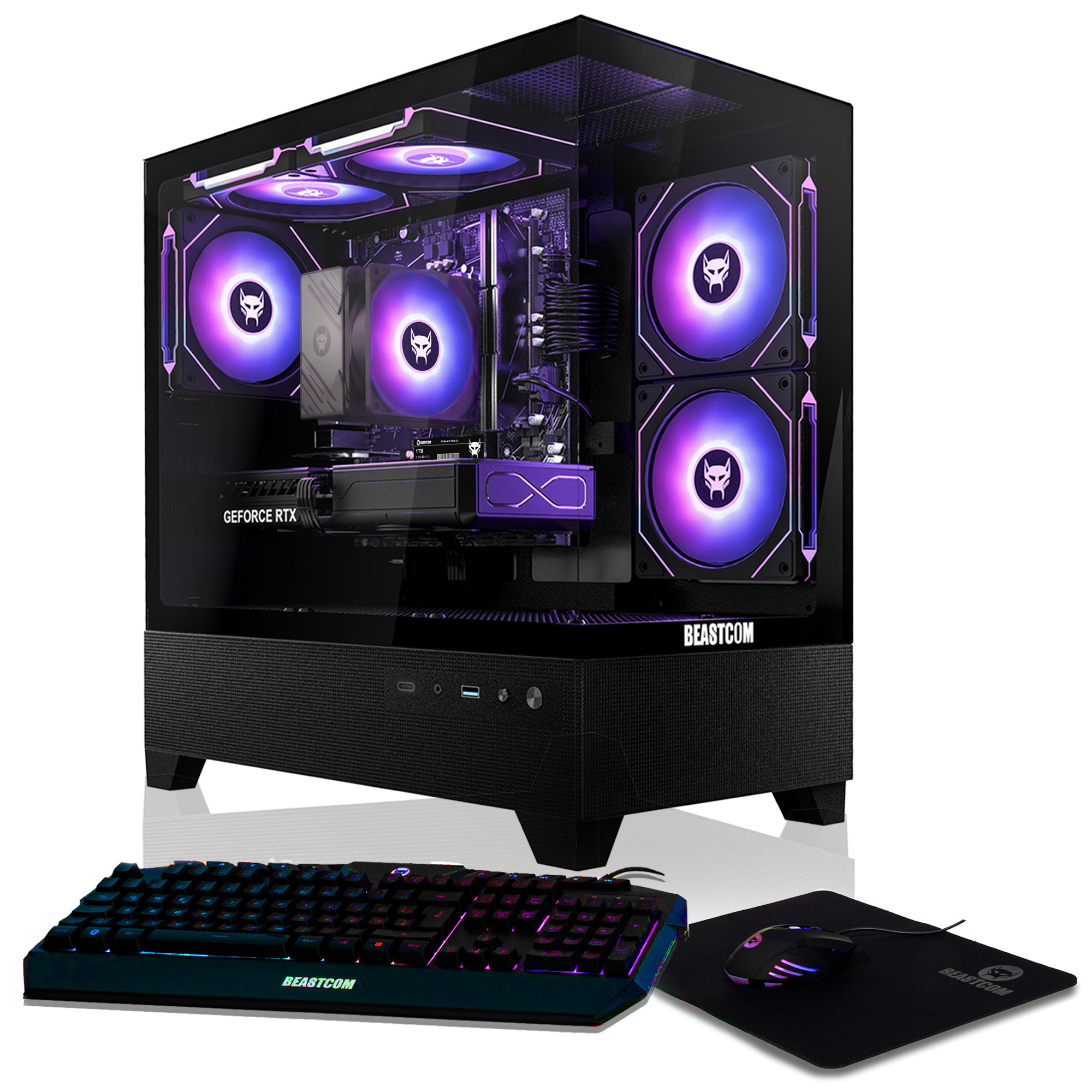 Un PC da gioco con ventole viola luminose, accompagnato da tastiera e mouse retroilluminati su un tappetino.