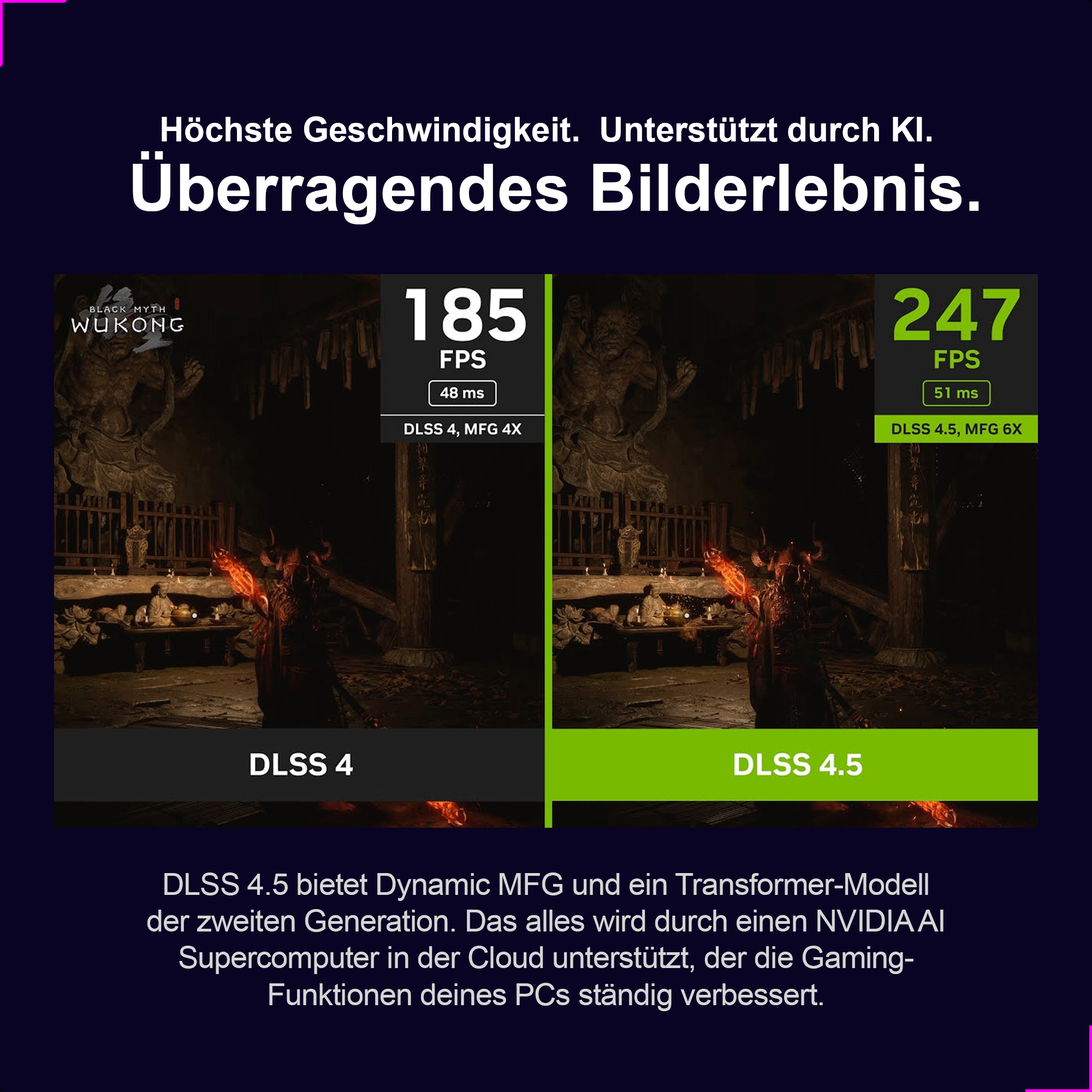 Confronto tra DLSS 4 a 185 FPS e DLSS 4.5 a 247 FPS in Black Myth Wukong.