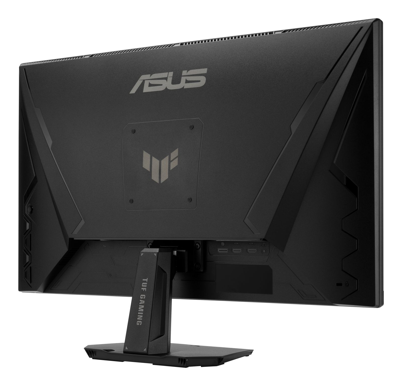 Il retro di un monitor nero Asus Tuf Gaming su un supporto.