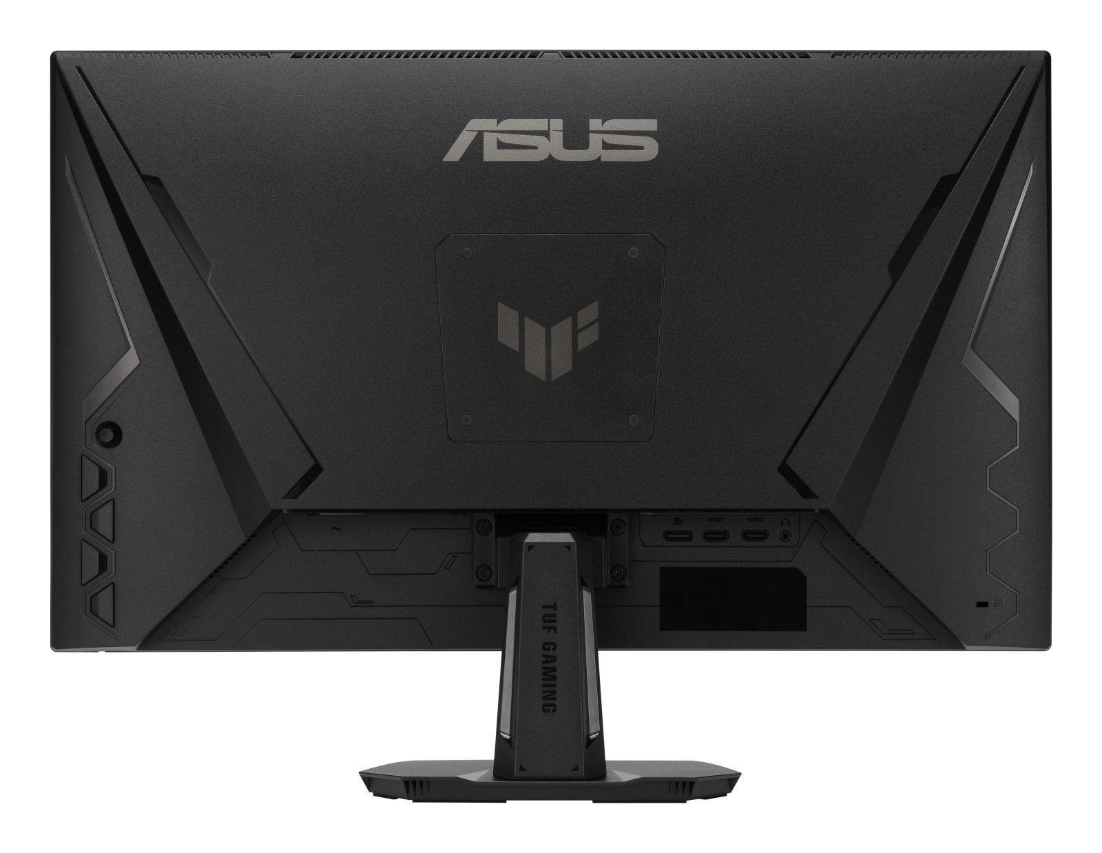 Vista posteriore di un monitor da gioco ASUS TUF nero con supporto e porte visibili.