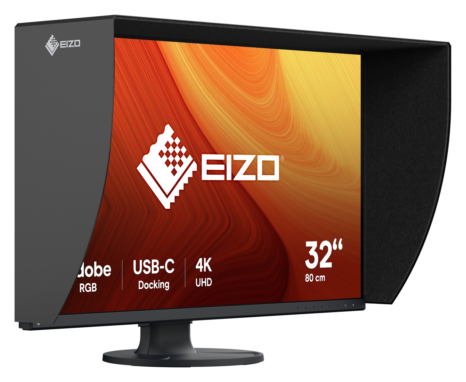 EIZO 32-Zoll-Monitor mit dunkler Blende zeigt buntes Display mit Logo.