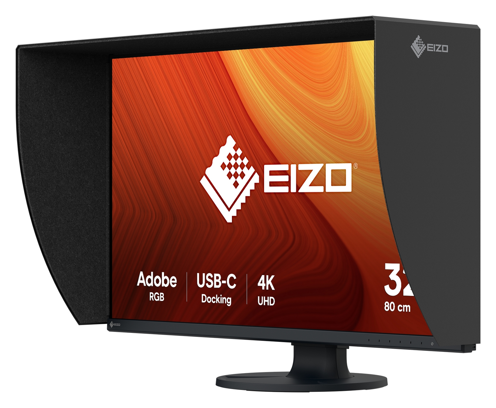 EIZO 32-Zoll 4K UHD-Monitor mit Blendschutzhaube, Adobe RGB, USB-C Docking und geschwungenem Bildschirm.