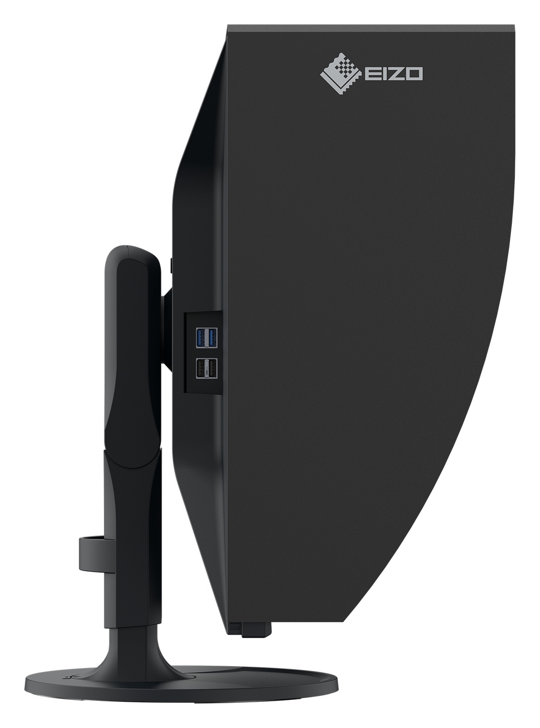 Seitenansicht eines schwarzen EIZO-Monitors mit USB-Anschlüssen auf einem Ständer vor weißem Hintergrund.