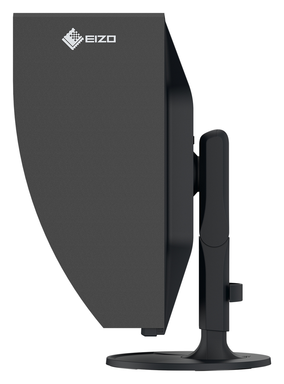 Seitenansicht eines schwarzen EIZO-Monitors mit ergonomischem Standfuß auf weißem Hintergrund.