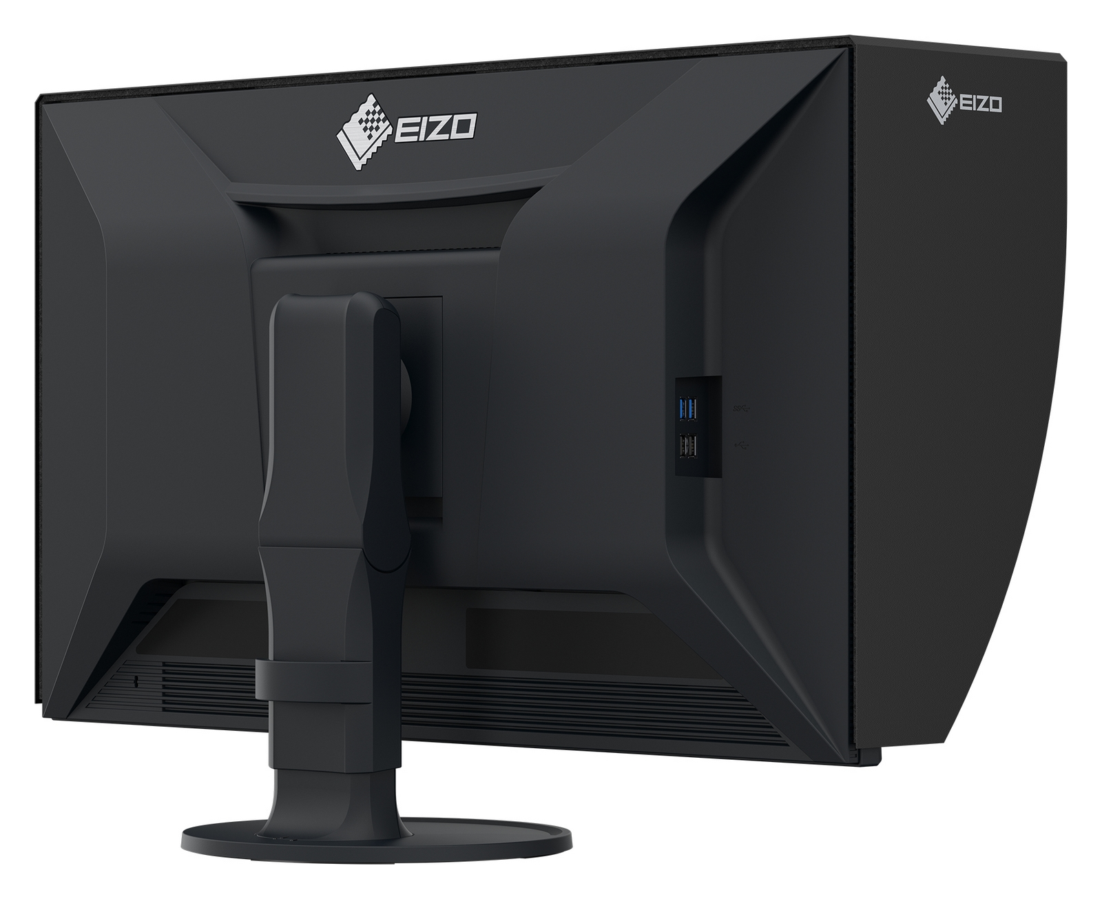 Rückansicht eines schwarzen EIZO Monitors mit integriertem Standfuß auf weißem Hintergrund.