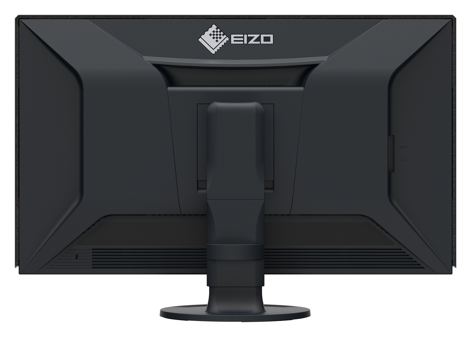 Rückansicht eines schwarzen EIZO-Monitors mit Standfuß und Markenlogo oben.