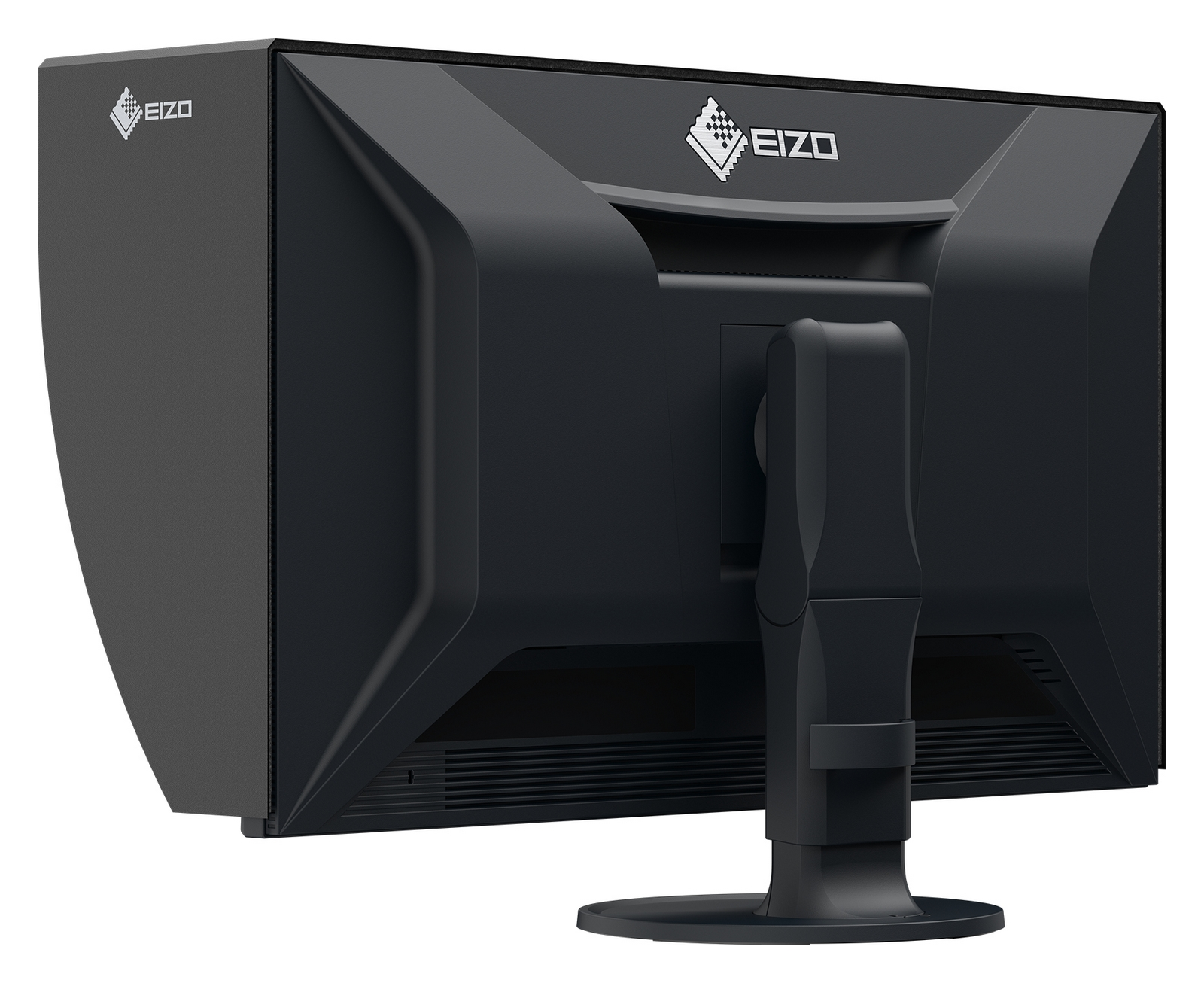 Rückansicht eines schwarzen EIZO Monitors mit ergonomischem Standfuß.