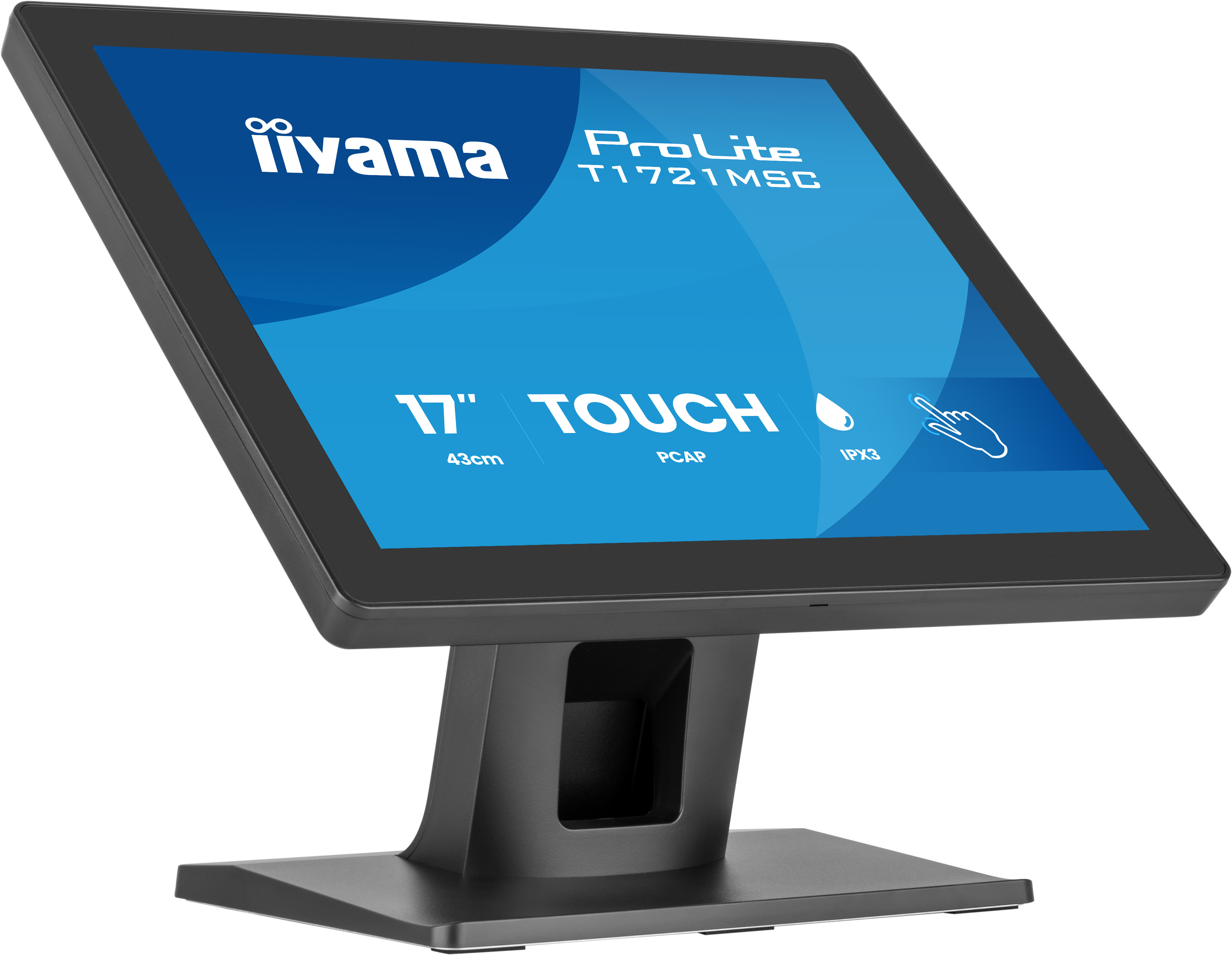 Ein schwarzer iiyama ProLite T1721MSC Touchscreen-Monitor steht auf einem Sockel.