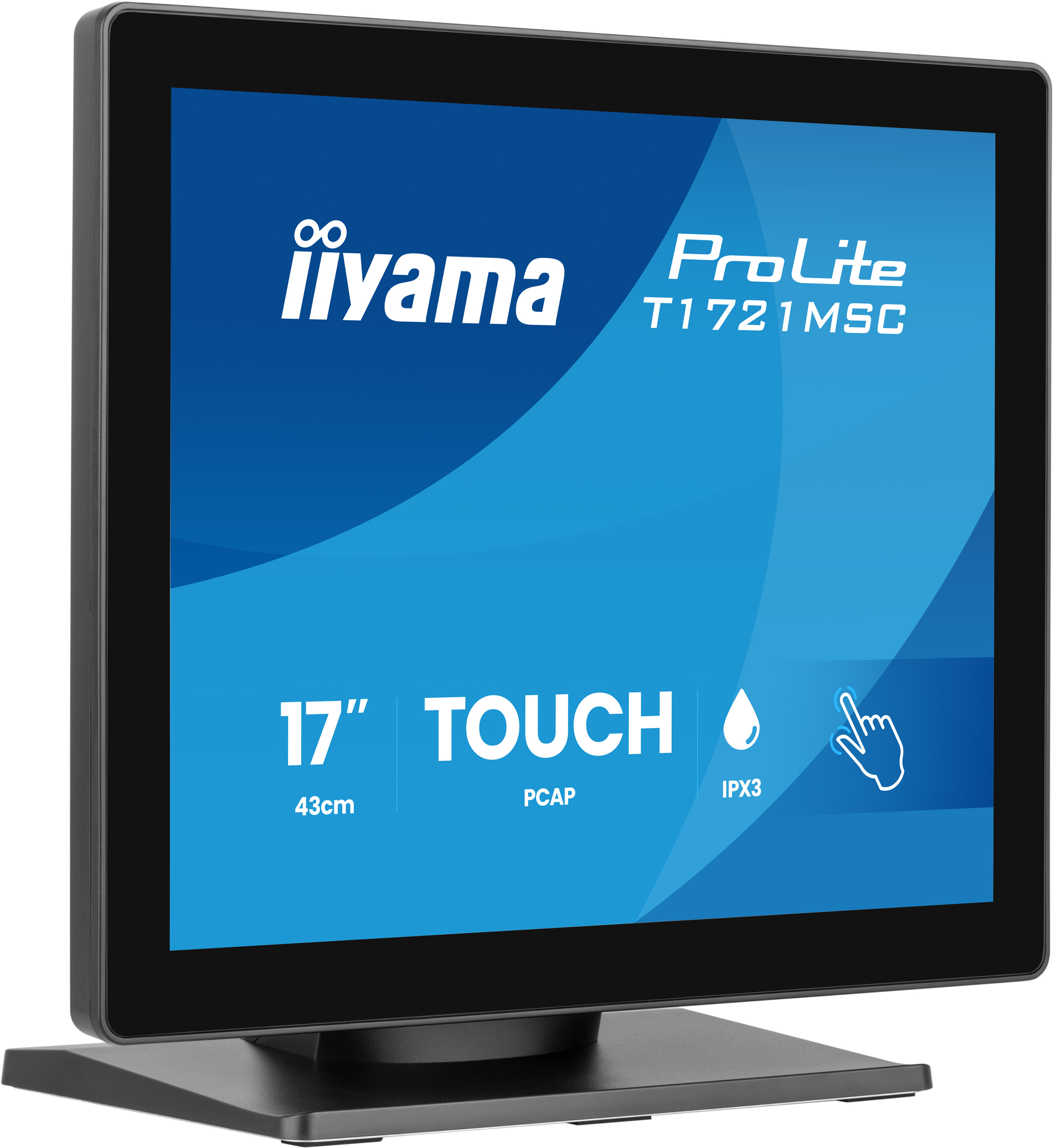 Schwarzer iiyama ProLite 17-Zoll-Touchscreen-Monitor auf einem Ständer vor blauem Hintergrund.