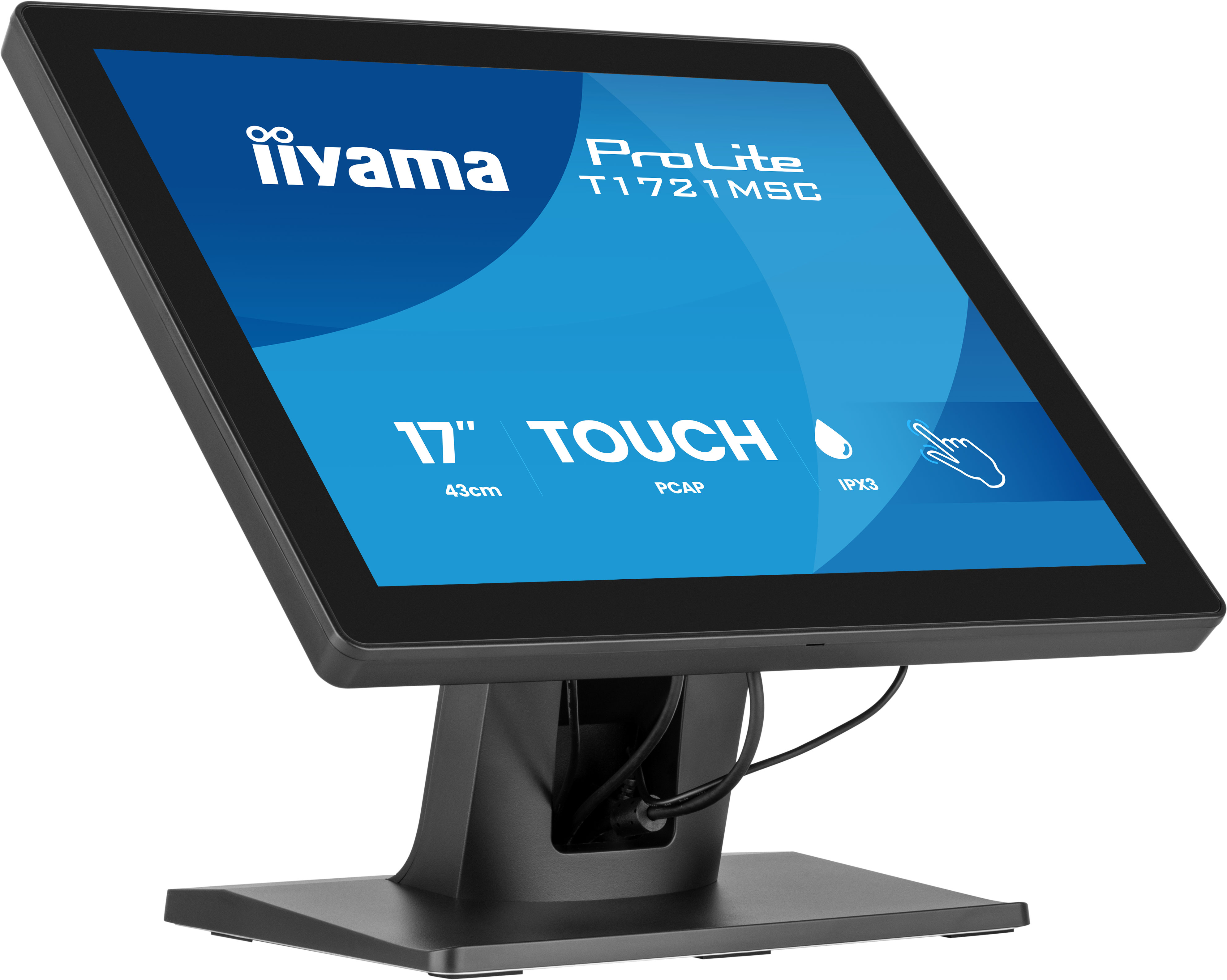 Ein schwarzer liyama ProLite Touchscreen-Monitor steht auf einem Sockel vor weißem Hintergrund.