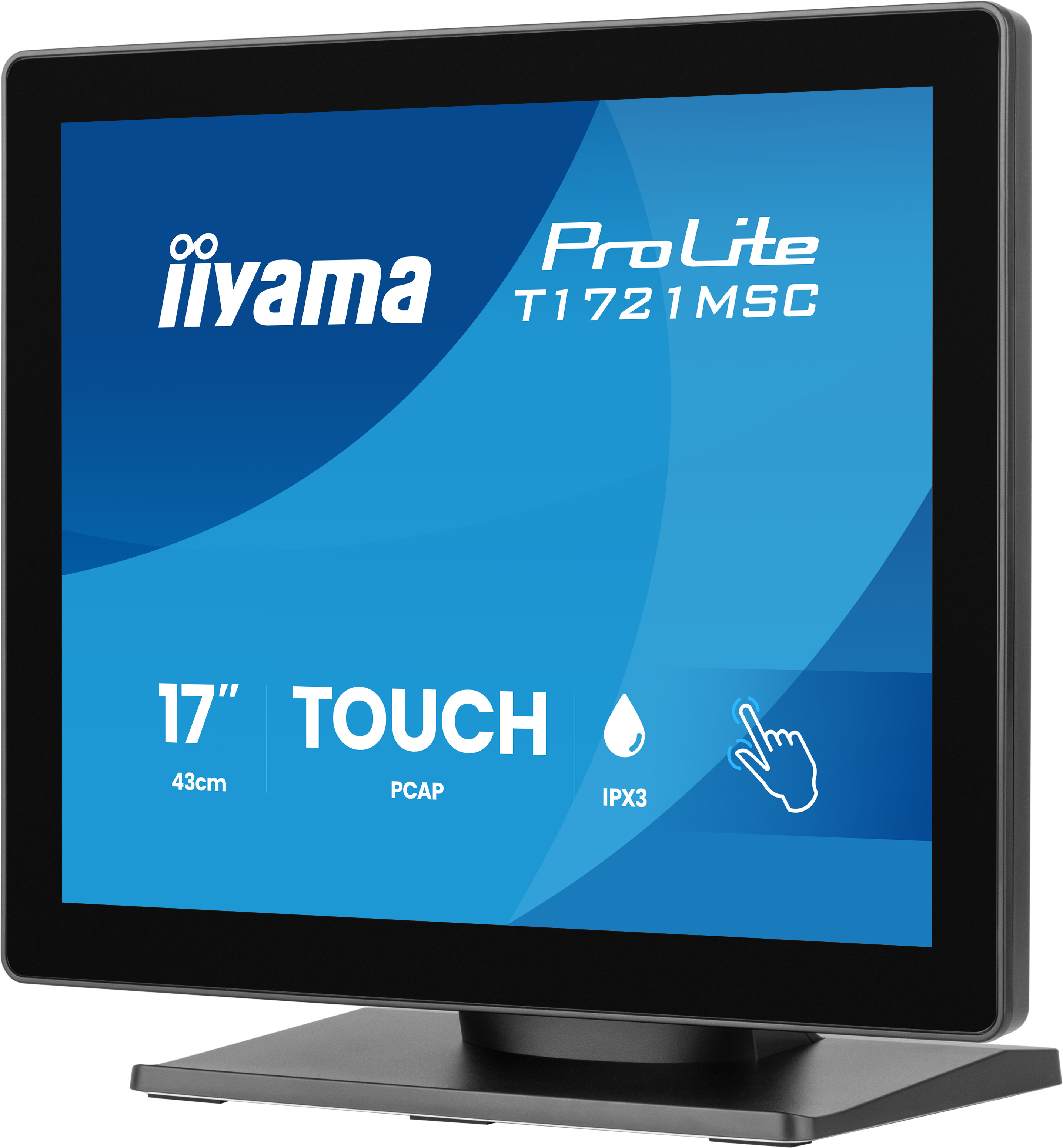 Schwarzer 17-Zoll-Touchscreen-Monitor von Iiyama mit blauem Display und Standfuß.