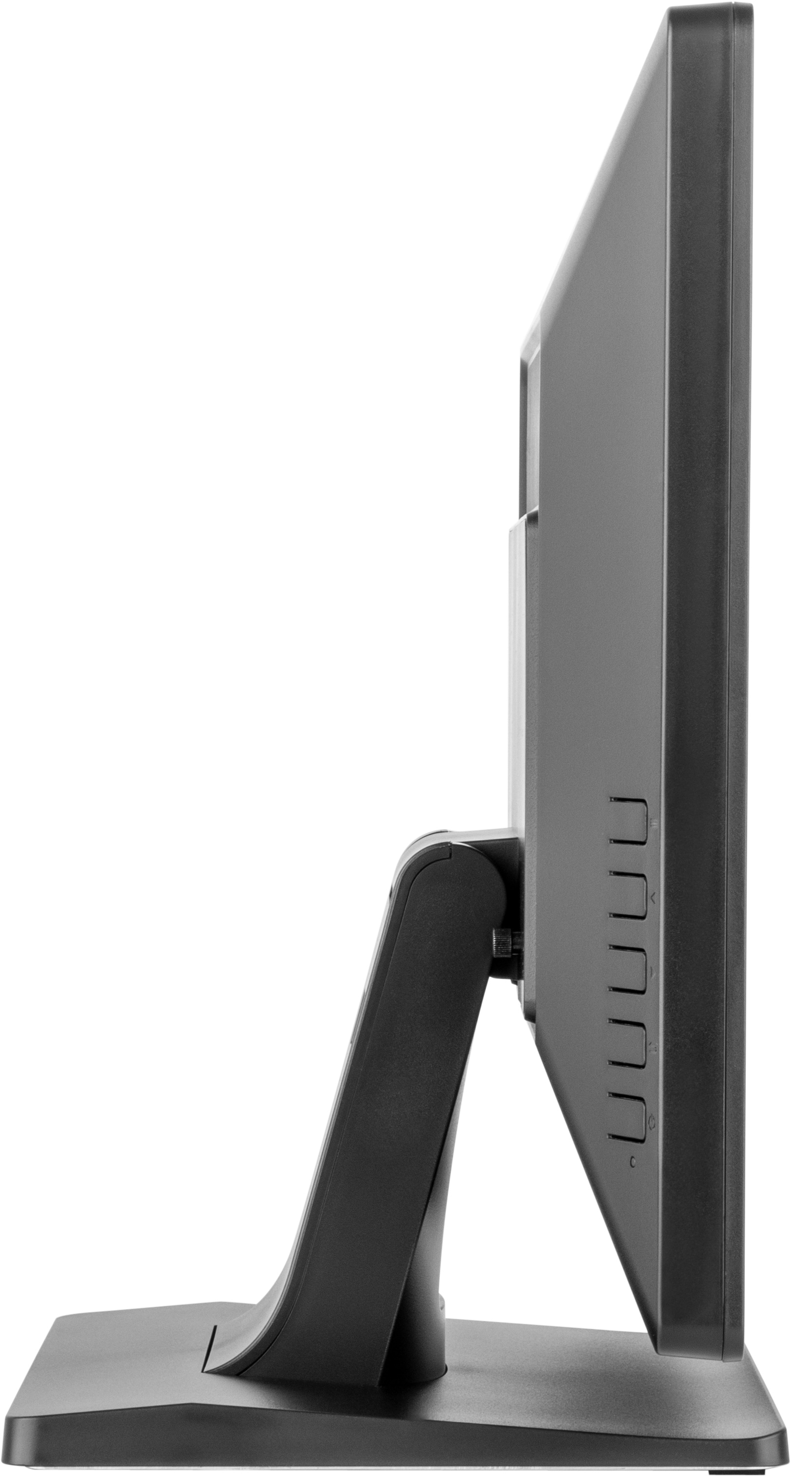 Seitenansicht eines schwarzen Computermonitors auf einem Standfuß mit Steuertasten am rechten Rand.