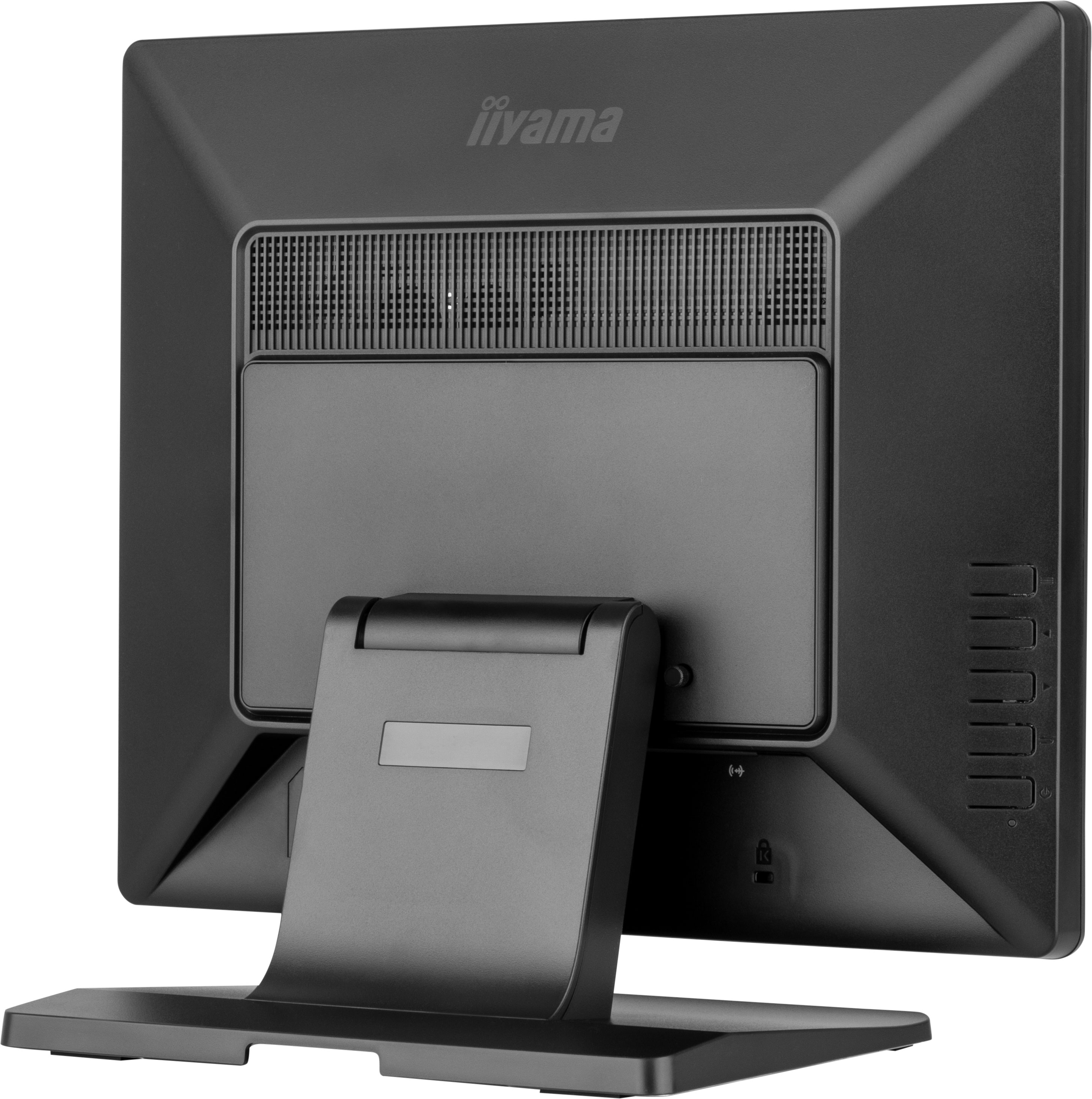 Rückansicht eines schwarzen iiyama Monitors mit integriertem Ständer und sichtbaren Lüftungsschlitzen.
