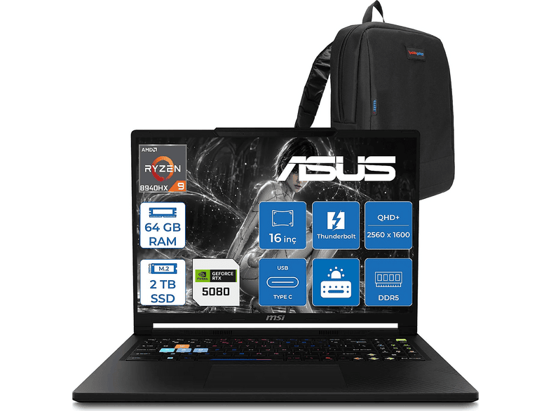 MSI Raider A16 HX DDR5 16 GB/RTX5080/175W 008TRF33 AMD Ryzen 9 8940HX 64 GB RAM 2 TB SSD 16 inç FreeDOS Laptop+Çanta Core Siyah