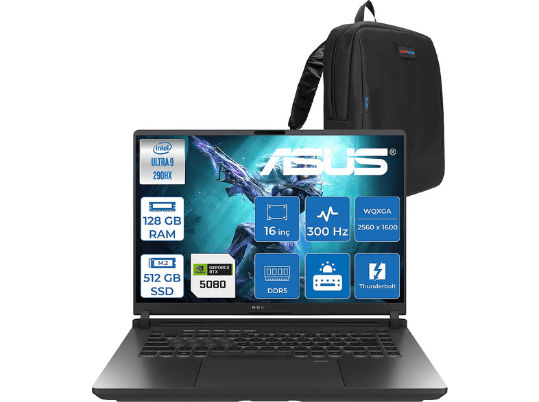 ASUS Rog Strix G16 DDR5 16 GB/RTX5080 WTS283F49 Intel Core Ultra 9 290HX 128 GB RAM 512 GB SSD 16 inç FreeDOS Laptop+Çanta Eclipse Gri