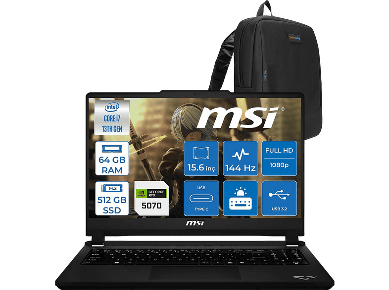 MSI Cyborg 15 Max DDR5 RTX5070 070XTRF27 Intel Core i7-13620H 64 GB RAM 512 GB SSD 15,6 inç FreeDOS Laptop+Çanta Platinum Gri