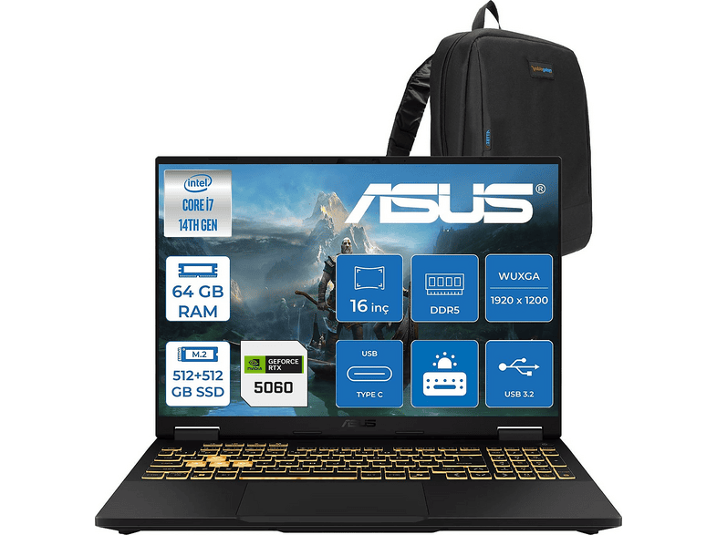 ASUS Tuf Gaming F16 DDR5 WTU403F26 Intel Core i7-14650HX 64 GB RAM 512 GB SSD 16 inç FreeDOS Laptop+Çanta Jaeger Gri