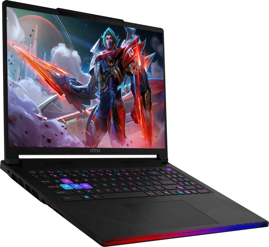 Ekranında fantezi duvar kağıdı olan, renkli aydınlatmalı tuşlara sahip bir MSI oyuncu dizüstü bilgisayarı.