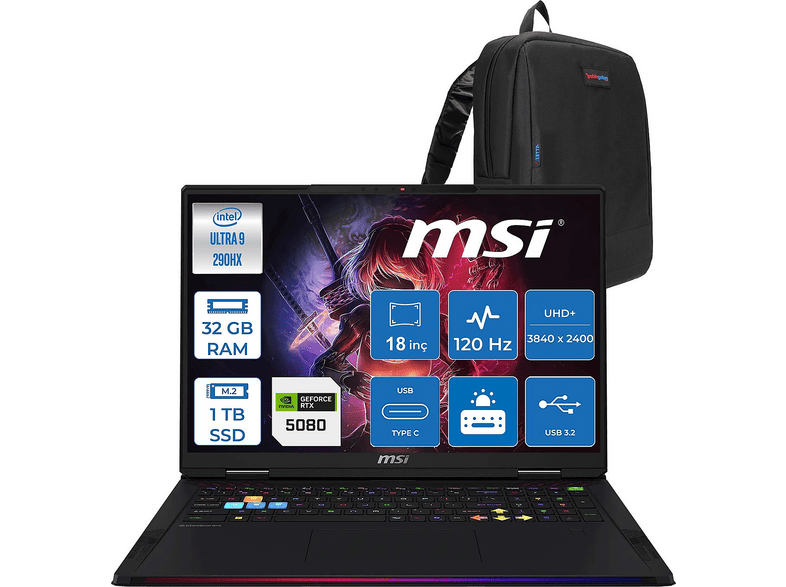 MSI Raider 18 Max HX DDR5 RTX5080 1040TRF01 Intel Core Ultra 9 290HX 32 GB RAM 1 TB SSD 18 inç FreeDOS Laptop+Çanta Core Siyah