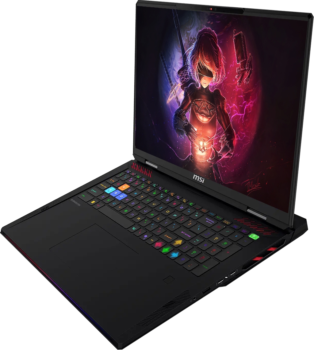 Ekranında anime karakter duvar kağıdı ve RGB arka aydınlatmalı klavyesi olan siyah MSI oyuncu dizüstü bilgisayarı.