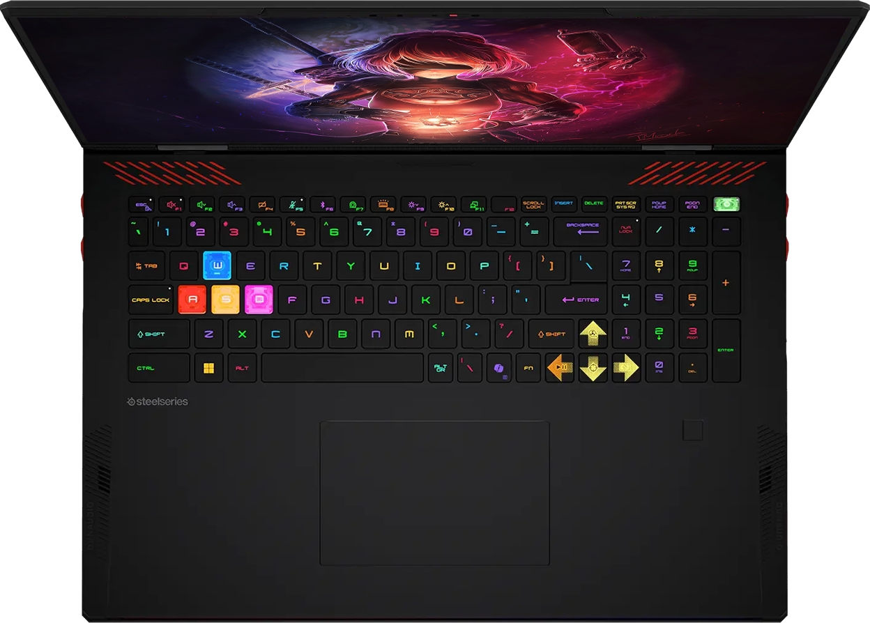 Renkli RGB klavye arka ışığına ve anime esintili arka plana sahip siyah bir oyuncu dizüstü bilgisayarı.