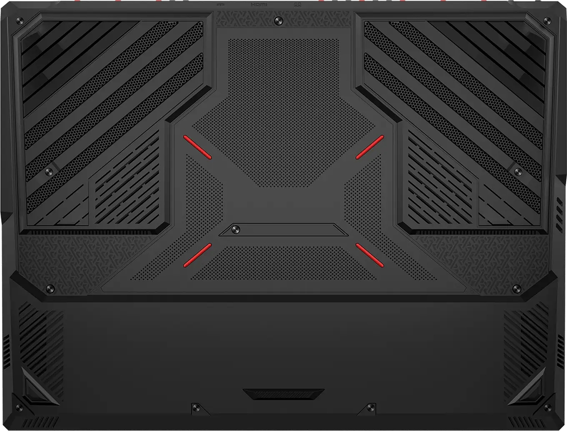 Havalandırma ızgaraları, geometrik desenler ve dört küçük kırmızı çizgi içeren siyah laptop alt kasası.
