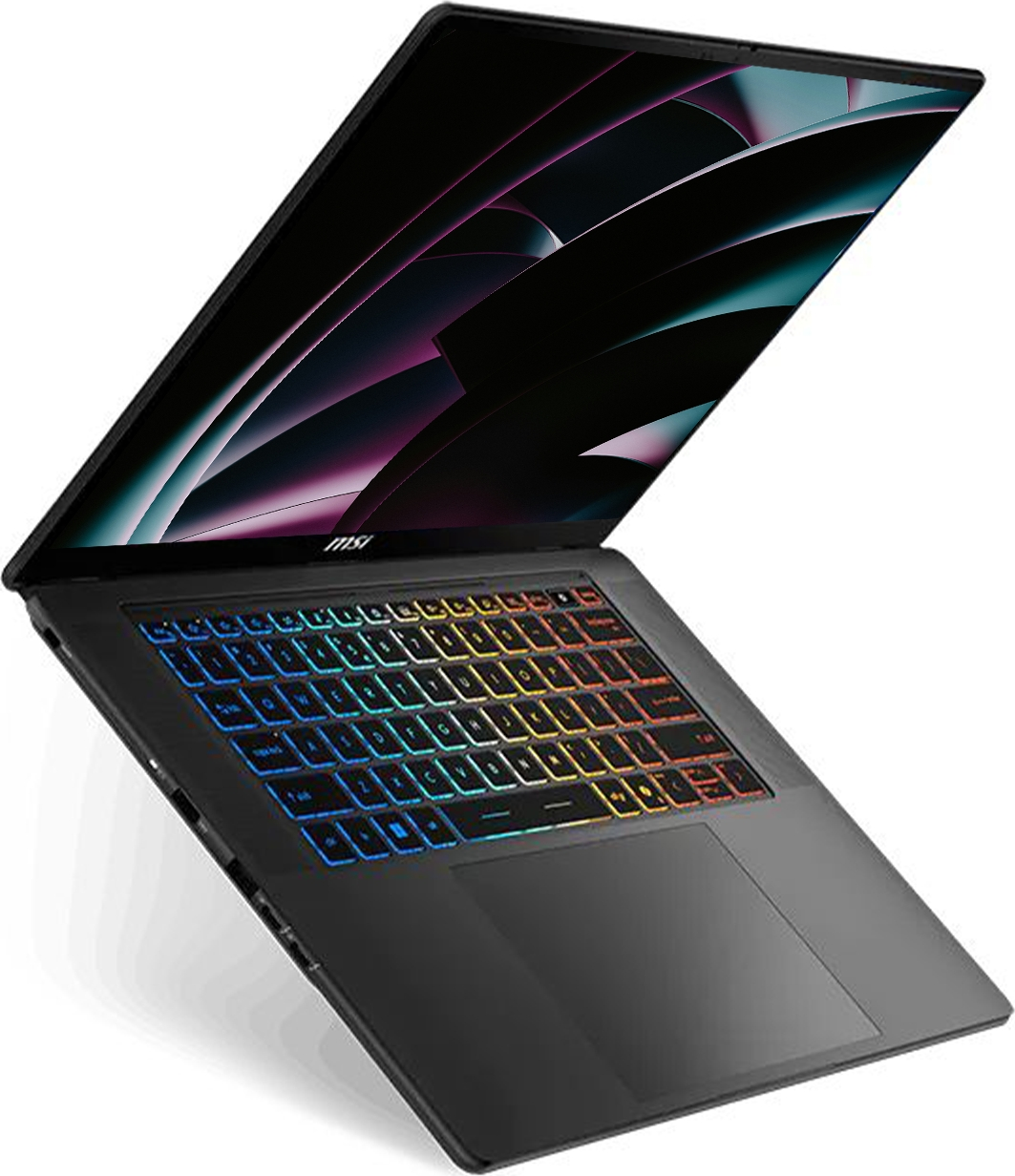 Beyaz arka planda aydınlatmalı RGB klavyeye sahip siyah bir MSI dizüstü bilgisayar.