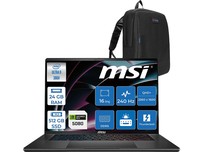 MSI Stealth 16 AI+ B3WI003TRF01 Intel Core Ultra 9 386H 24 GB RAM 512 GB SSD 16 inç FreeDOS Laptop+Çanta Siyah