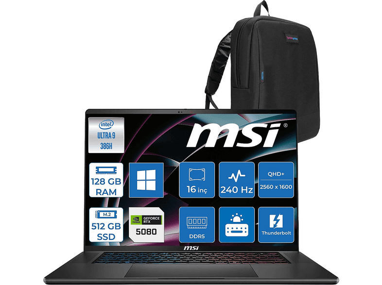 MSI Stealth 16 AI+ B3WI003TRP49 Intel Core Ultra 9 386H 128 GB RAM 512 GB SSD 16 inç FreeDOS Laptop+Çanta Siyah