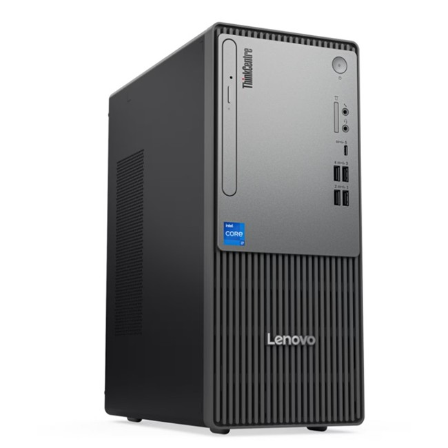 Dikey havalandırma deliklerine ve USB bağlantı noktalarına sahip gri bir Lenovo ThinkCentre masaüstü bilgisayar.