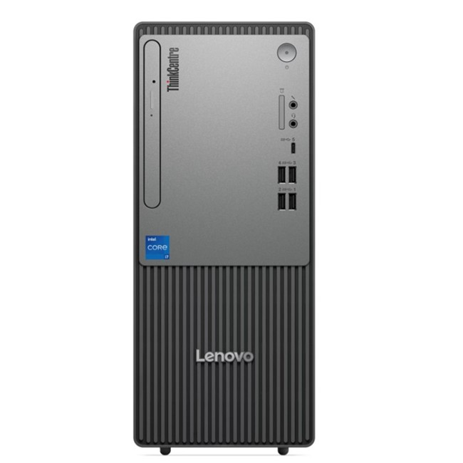 Optik sürücü, USB bağlantı noktaları ve Intel Core i7 logosu içeren Lenovo ThinkCentre masaüstü bilgisayar kulesinin ön görünümü.