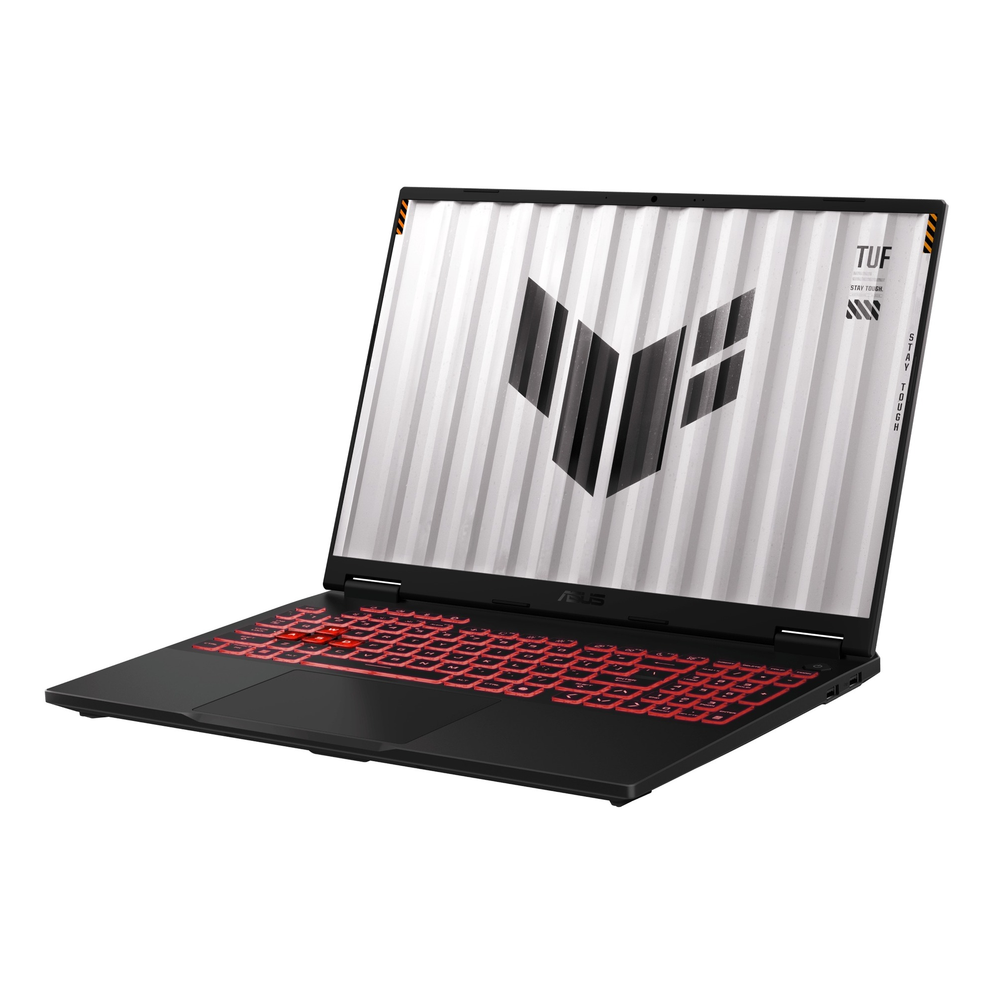 Kırmızı arkadan aydınlatmalı klavyeye ve ekranda TUF logosuna sahip siyah bir Asus TUF oyuncu dizüstü bilgisayarı.