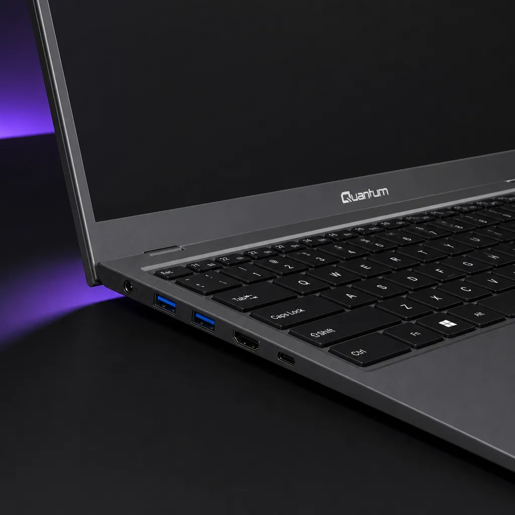 Karanlık bir arka planda USB bağlantı noktaları, HDMI ve klavye gösteren gri bir Quantum dizüstü bilgisayarın yandandan görünümü.