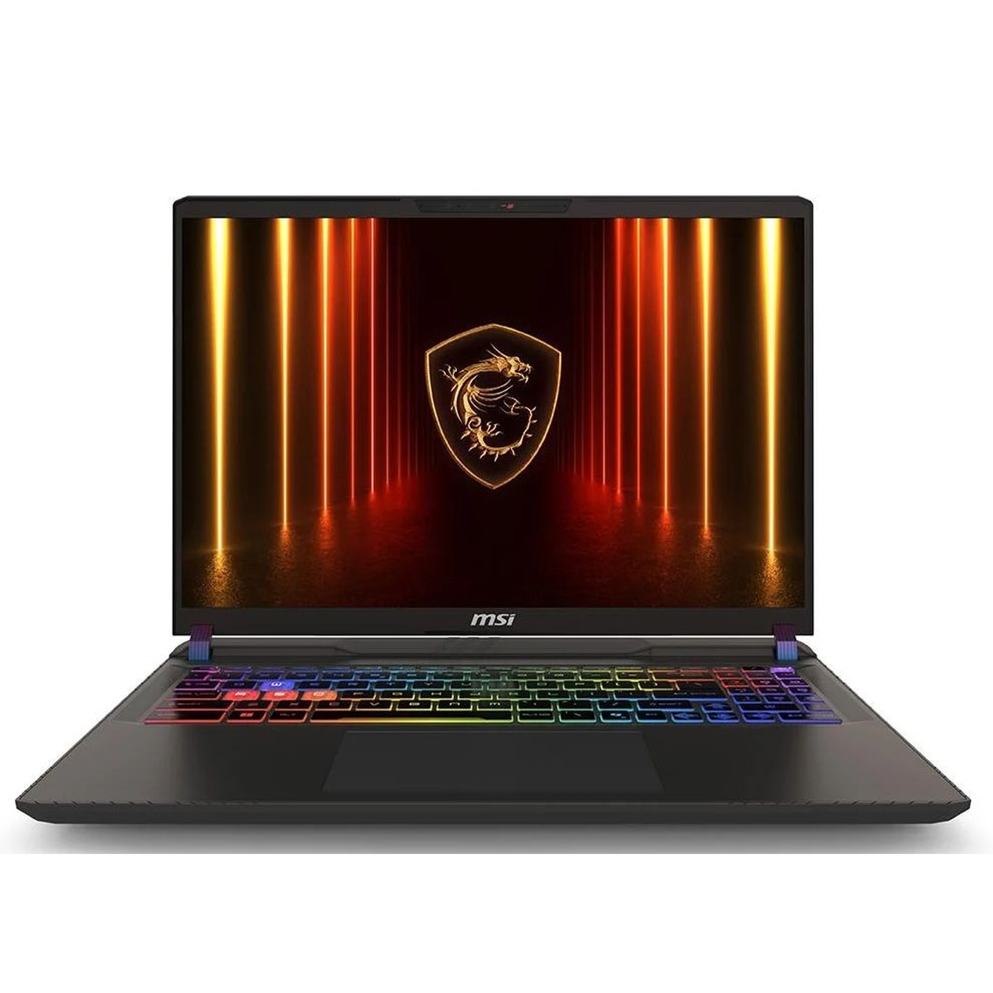 Siyah kasalı, RGB arka aydınlatmalı klavyeli ve ejderha logolu ekranı olan bir MSI oyun dizüstü bilgisayarı.